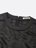 Black Organza Mesh Plaid Classic Crew Neck Sleeveless A-Line Midi Dress