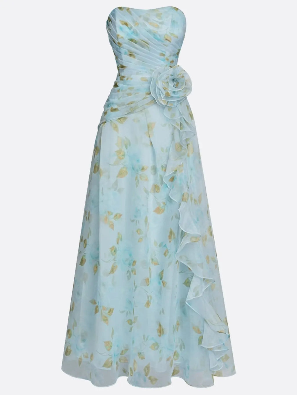 Light Blue Floral 3D Floral Tulle Strapless Sleeveless A-Line Floor-length Gown Dress