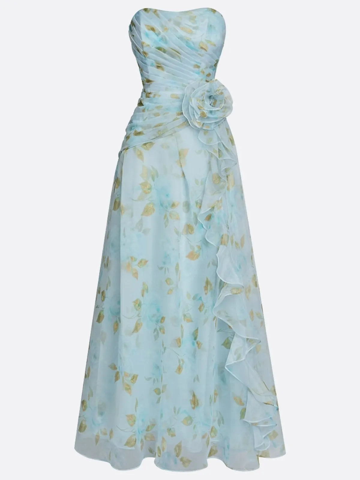 Light Blue Floral 3D Floral Tulle Strapless Sleeveless A-Line Floor-length Gown Dress