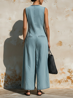 Light Wash Denim Sleeveless Wide-Leg Jumpsuit