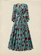 Maxi Linen Dress, Long Sleeves, V Neck, Floral, Belt Design, Vintage, Green