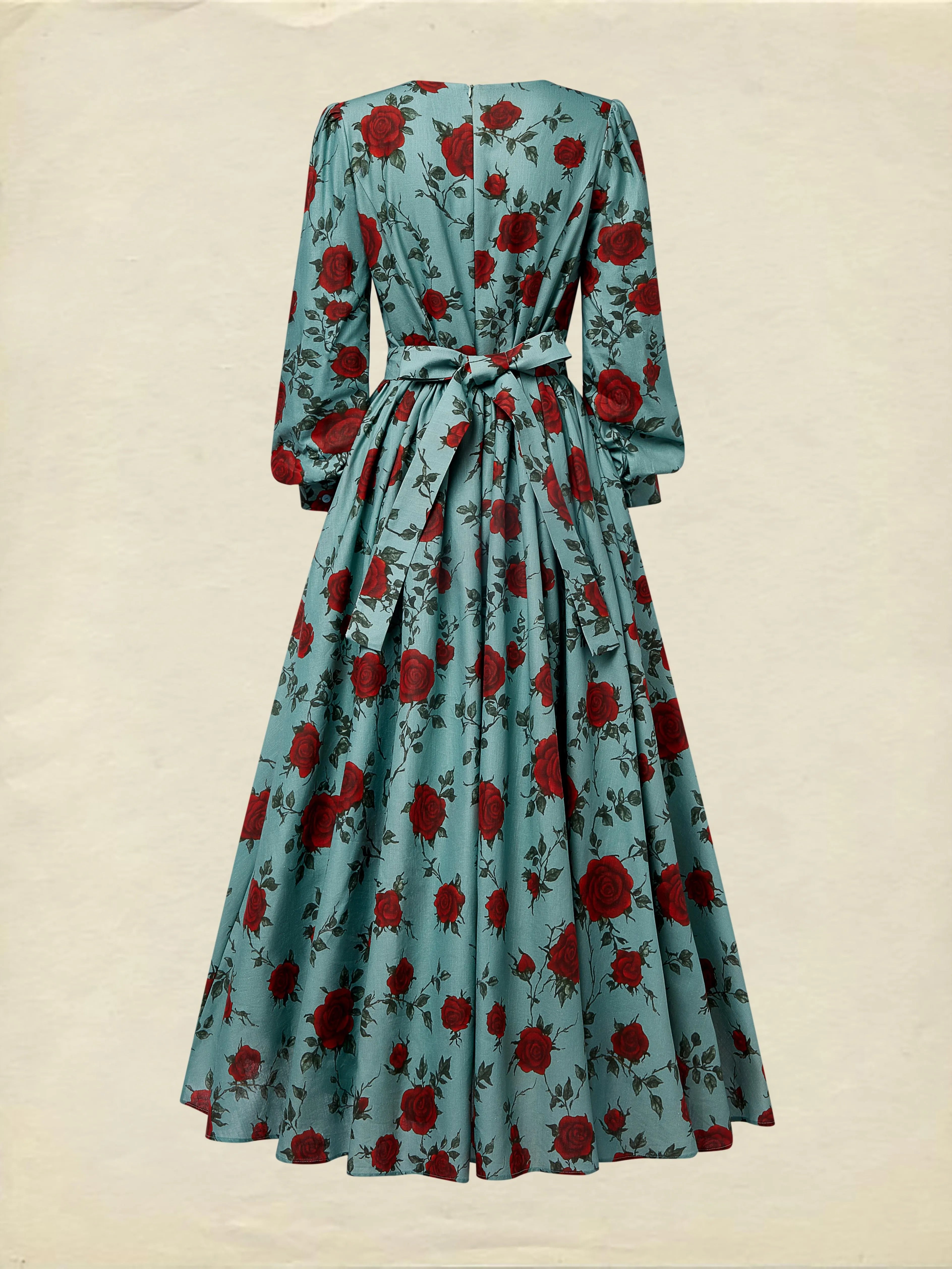 Maxi Linen Dress, Long Sleeves, V Neck, Floral, Belt Design, Vintage, Green