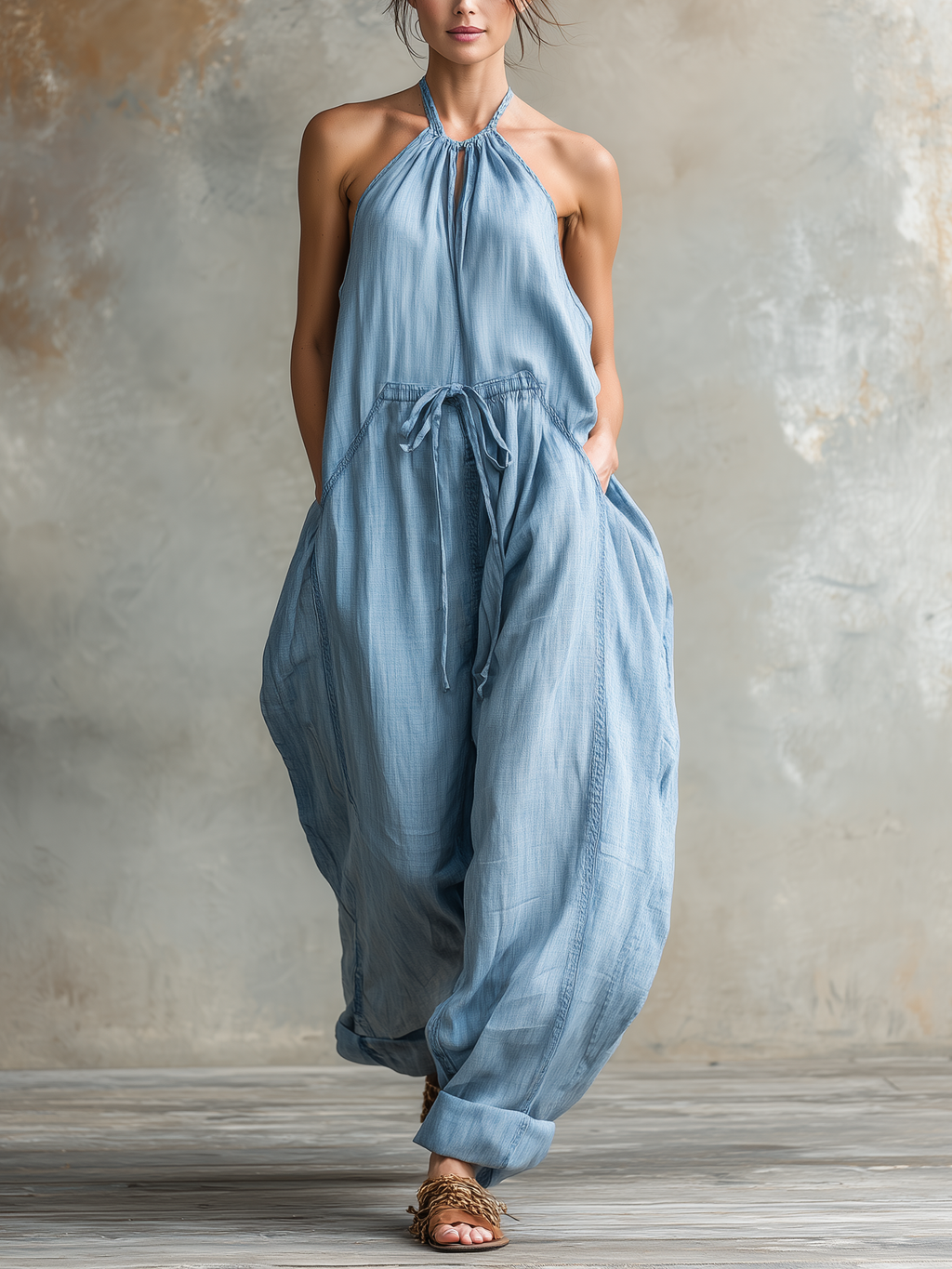 Light Blue Denim Halter Backless Oversized Jumpsuit