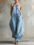 Light Blue Denim Halter Backless Oversized Jumpsuit