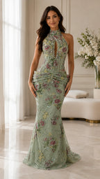 Floral Beaded Halter Mermaid Formal Dress