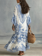 Refined Blue Porcelain Print V-Neck Kaftan Dress