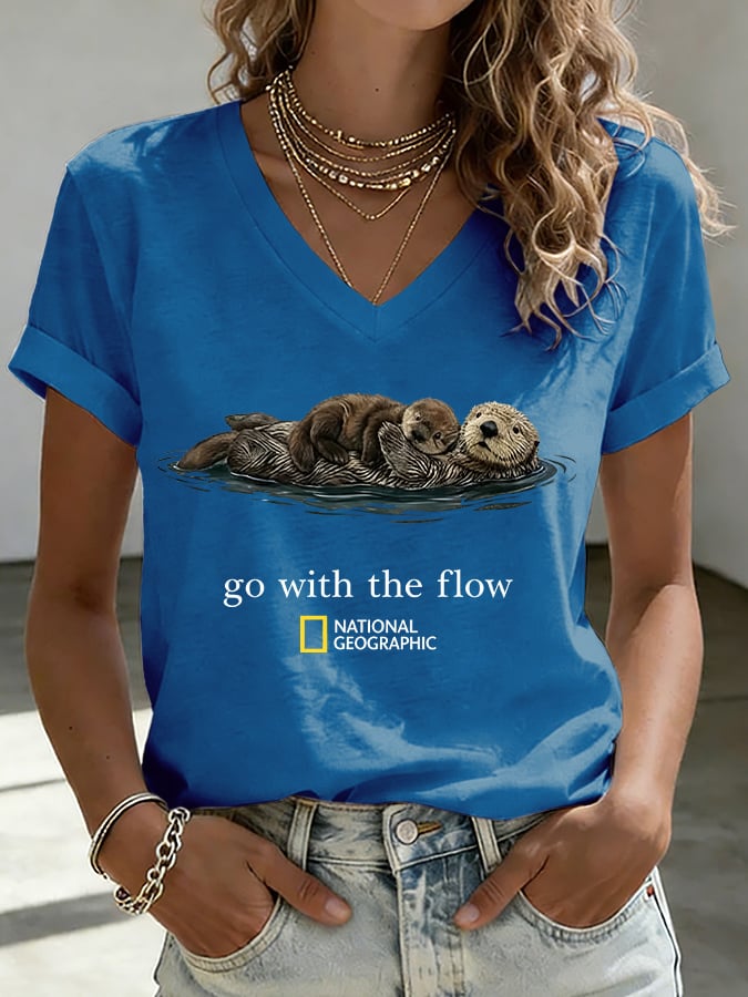 V-Neck Retro Sea Otters Go With The Flow Print T-Shirt