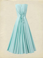 Maxi Linen Dress , Sleeveless, Round Neck, Feather Pattern, Pocket Design, Vintage, Sky Blue