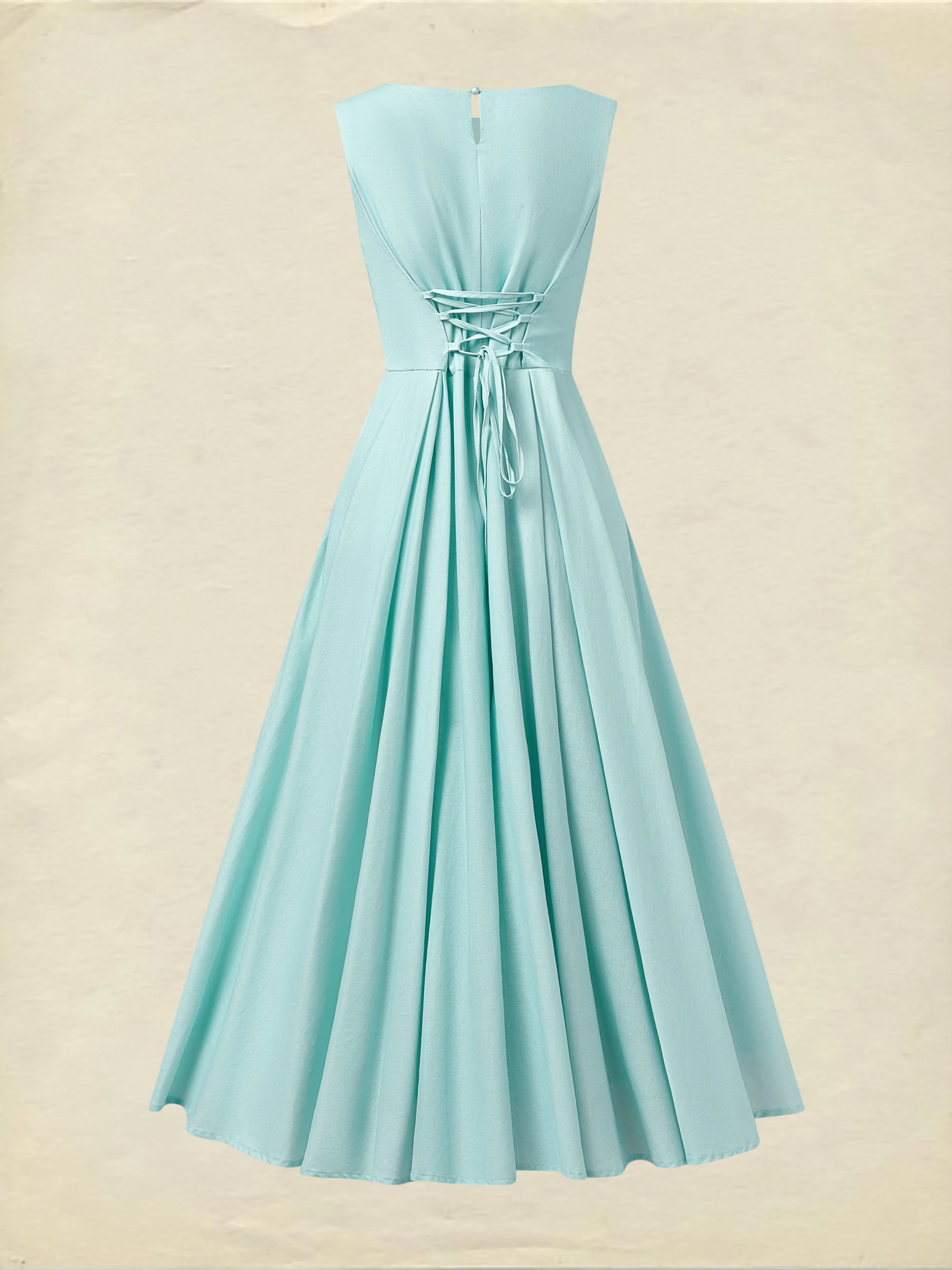 Maxi Linen Dress , Sleeveless, Round Neck, Feather Pattern, Pocket Design, Vintage, Sky Blue
