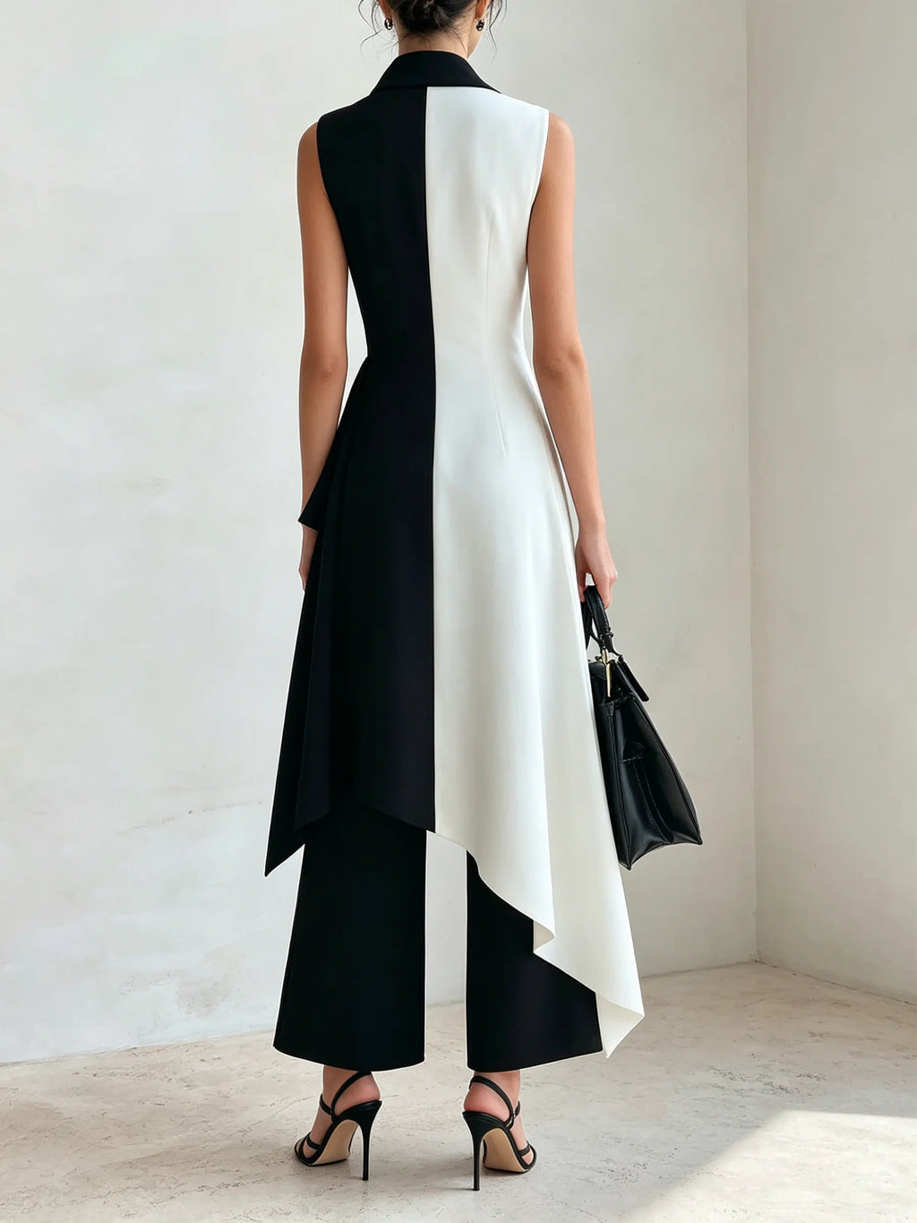 Black & White Asymmetric Wrap Top & Wide-Leg Pants Set