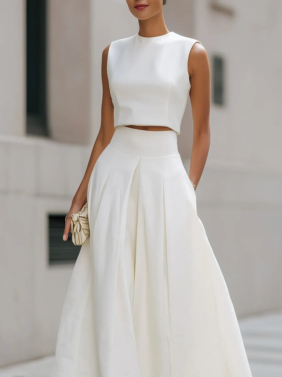Sleeveless Cropped Top And Pleated Midi Skirt Set