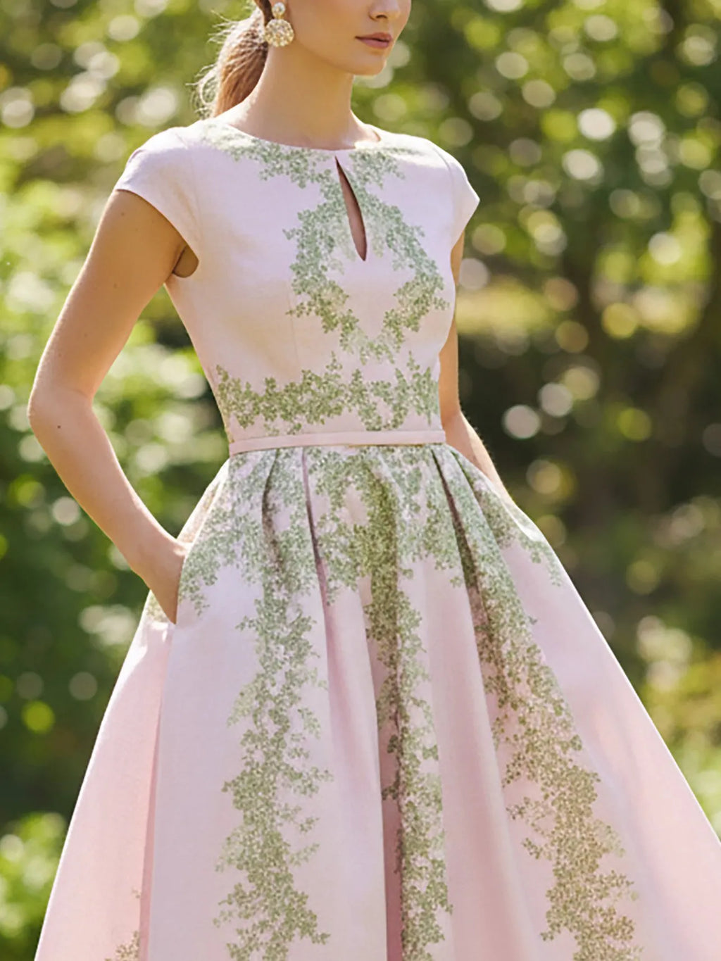 Midi Linen Dress, Cap Sleeves, Round Neck, Floral, Pocket Design, Vintage, Pink