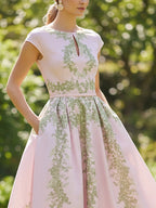 Midi Linen Dress, Cap Sleeves, Round Neck, Floral, Pocket Design, Vintage, Pink