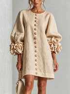 Women's 3D Floral Cuff Balloon Sleeve Mini Dress, Front Floral Button Cotton Linen Blend Shift Dress