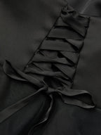 Black Mesh Ruffled Satin Strapless Sleeveless A-Line Floor-length Gown Dress