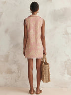Blush Pink Floral Print Sleeveless Shift Dress With Frayed Trim