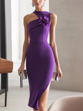 Elegant Purple Asymmetric Neckline Dress with 3D Floral Accent