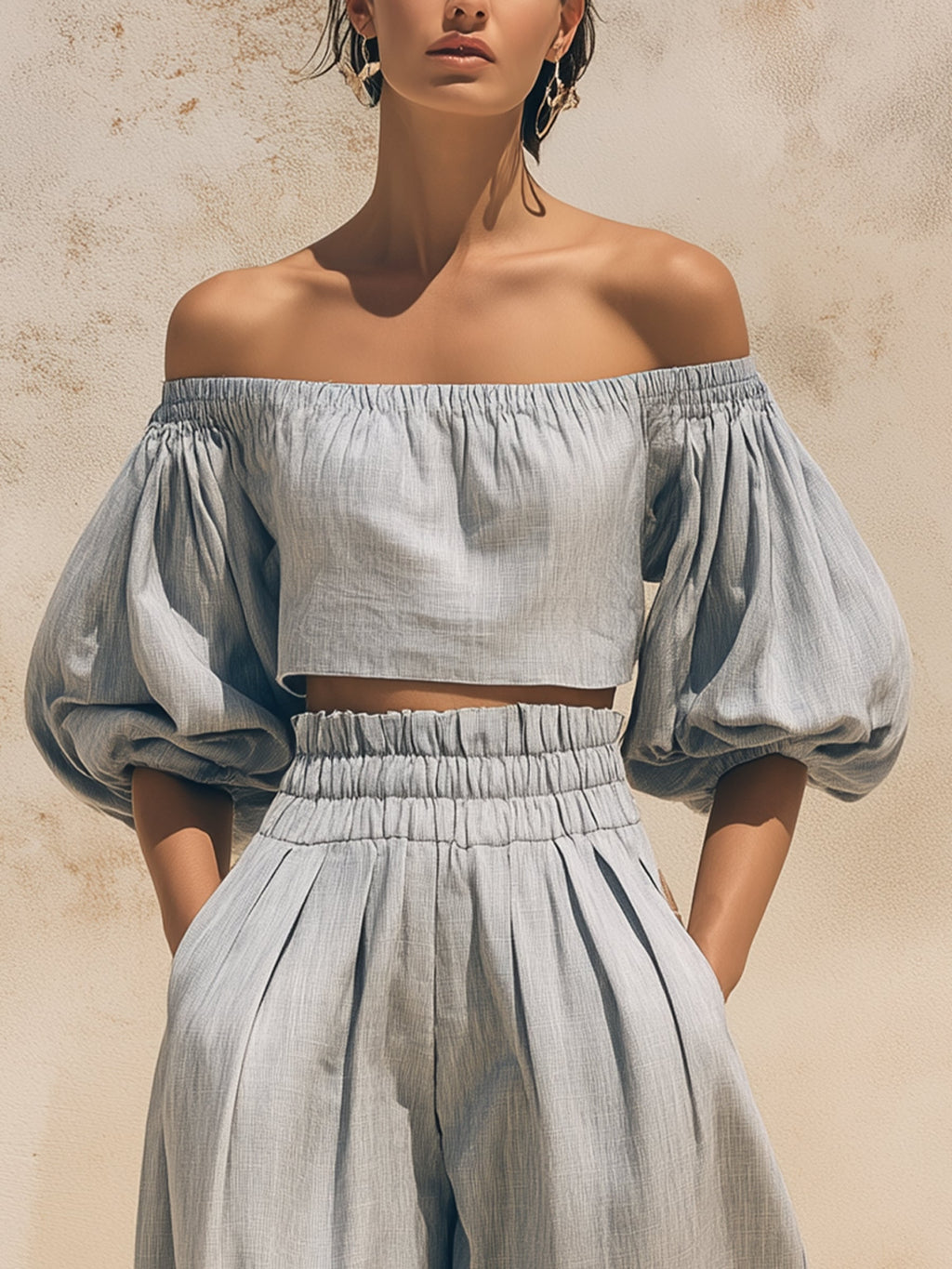 Off-the-Shoulder Puff Sleeve Linen Two-Piece Set