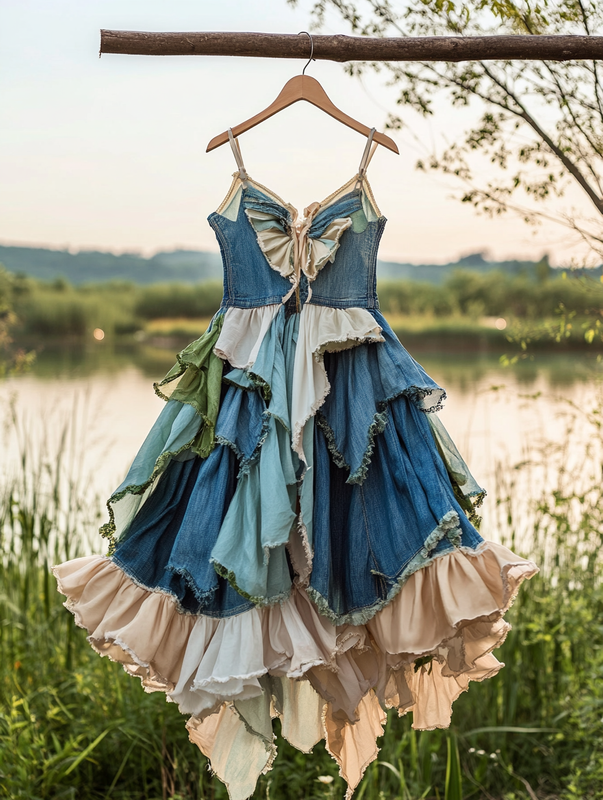 Summer Handmade Lace Denim Patchwork Dress 71f4