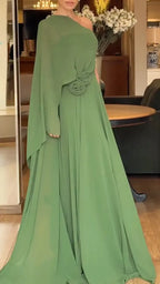 One Shoulder Cape Sleeve Floral Detail Chiffon Maxi Dress