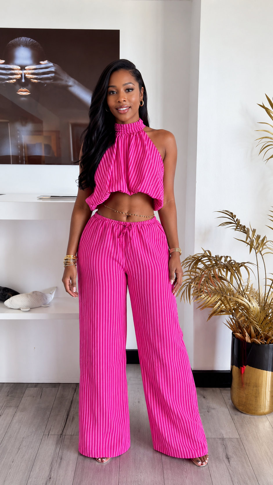 Hot Pink Striped Halter Top & Wide‐Leg Pants Set