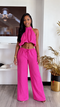 Hot Pink Striped Halter Top & Wide‐Leg Pants Set