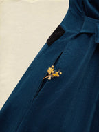 Midi Cotton Dress, Half Sleeve, Stand Collar, Plain, Button Design, Vintage, Deep Blue
