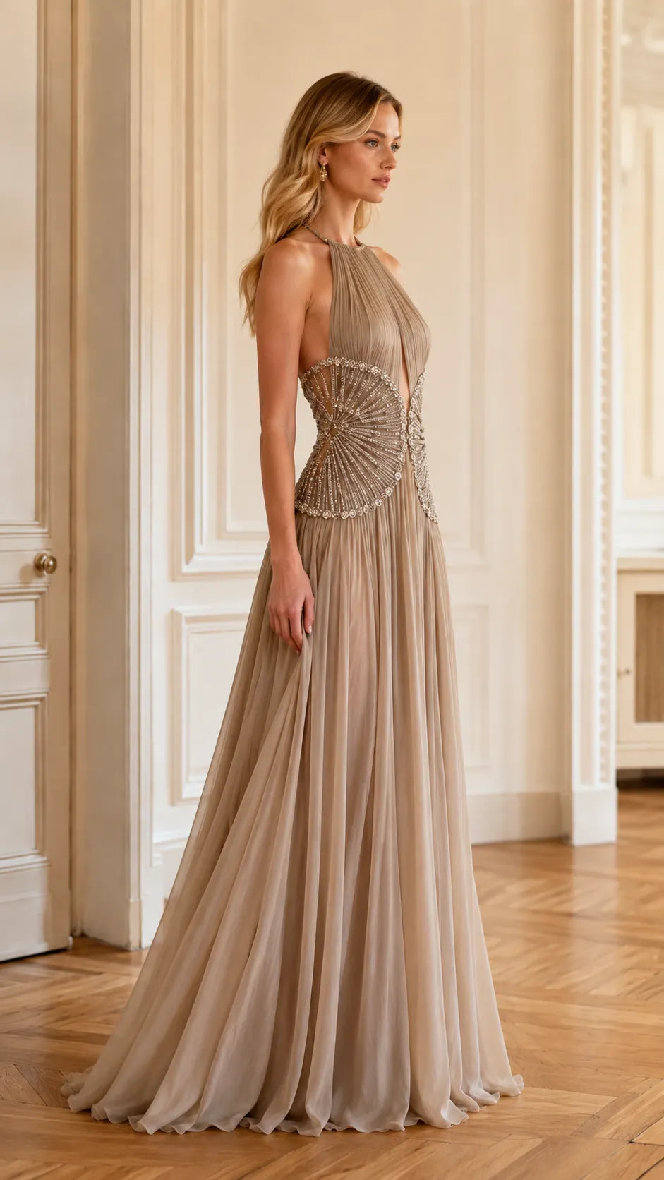 Taupe Halter Beaded Pleated Tulle Gown