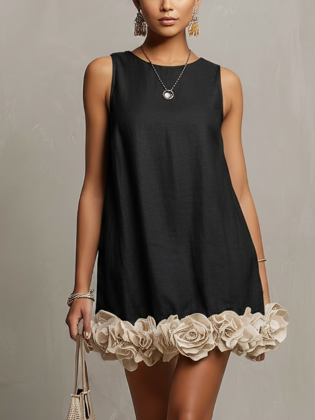 Black Cotton-Linen Mini Dress With 3D Floral Hem