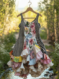 Summer Handmade Floral Houndstooth Patchwork Dress 6573