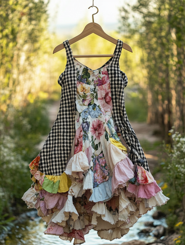 Summer Handmade Floral Houndstooth Patchwork Dress 6573