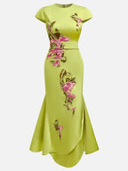 Green Satin Floral Embroidery Cap Sleeve Slit Sheath Maxi Dress