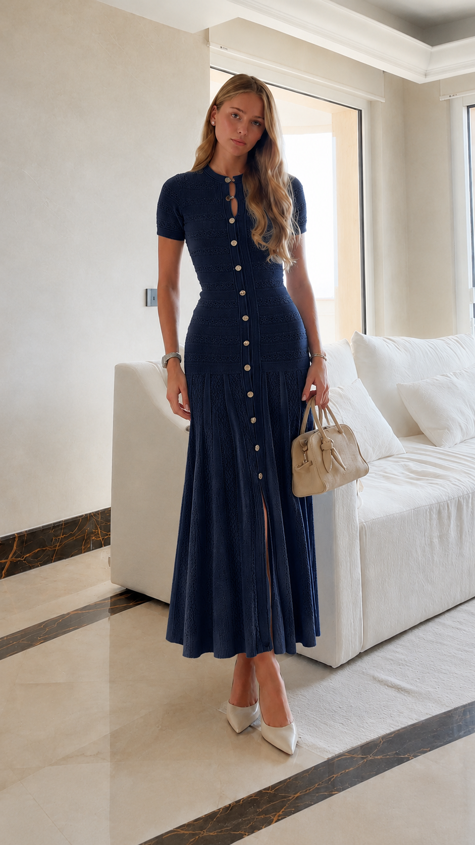 Hollow Knit Waist-Cinched Midi Dress