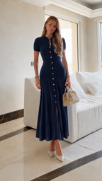 Hollow Knit Waist-Cinched Midi Dress
