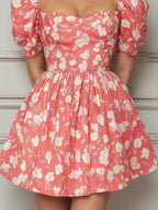 Coral White Floral Puff Short Sleeve Mini Dress
