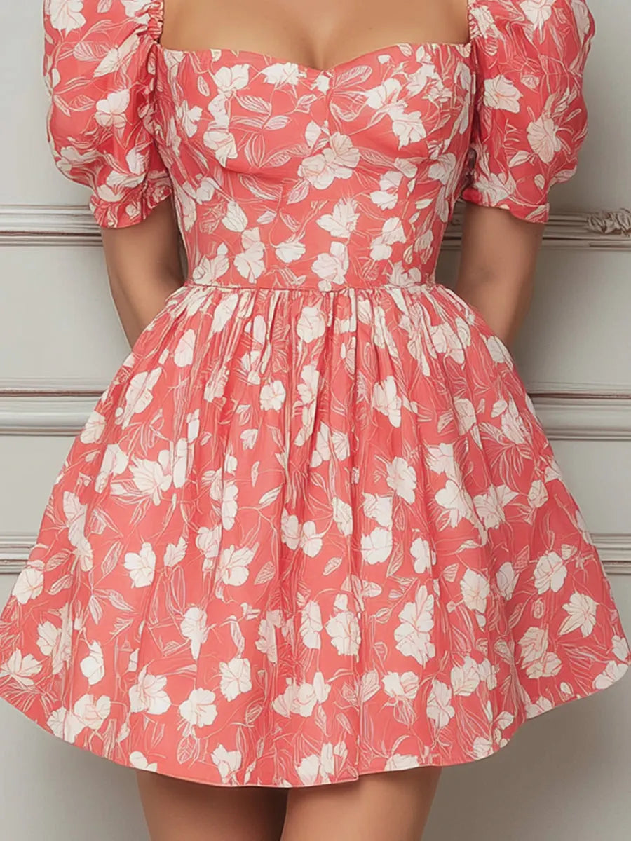 Coral White Floral Puff Short Sleeve Mini Dress