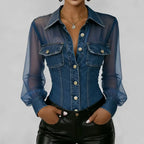 Denim Mesh Sleeve Corset Shirt Bodysuit