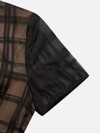 Black Organza Plaid Classic V Neck Short Sleeve Sheath Midi Dress