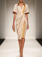 Apricot Wrap Dress Shirt Collar Short Sleeve Sheath Midi Dress