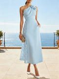 Maxi Linen Dress, Sleeveless, One Shoulder, Plain, 3D Floral, French Vintage, Blue