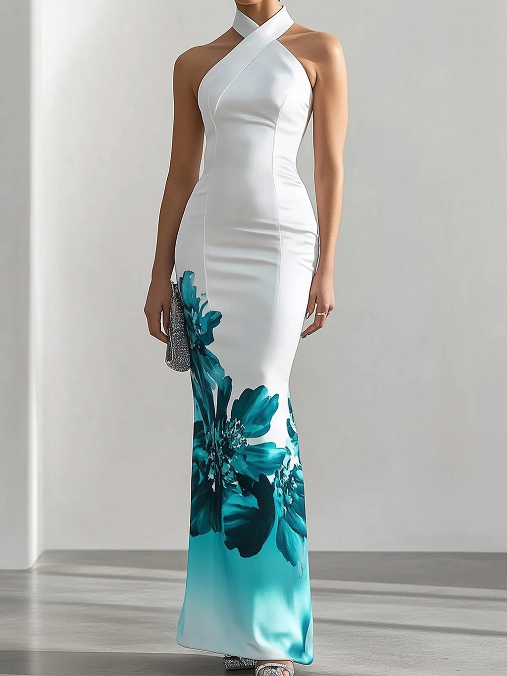 Stylish Satin Halter Neck Dress with Side Floral Print