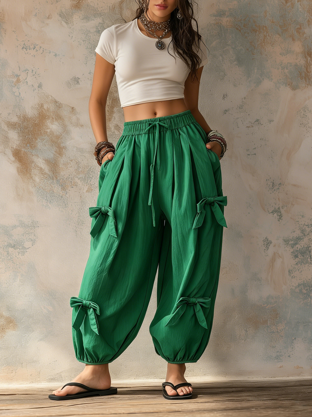 Emerald Green Bow-Detail Harem Pants - Casual Balloon Trousers