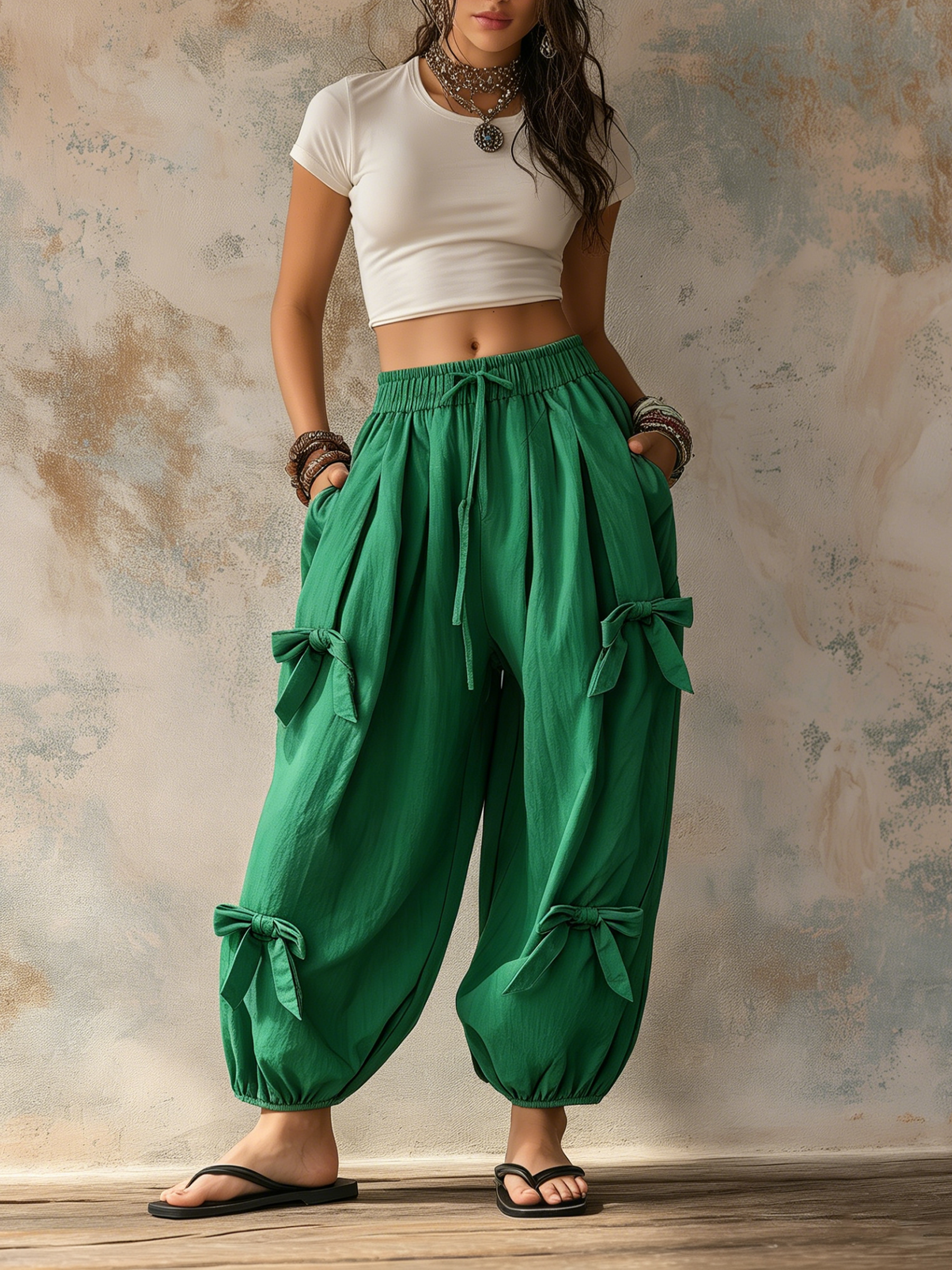 Emerald Green Bow-Detail Harem Pants - Casual Balloon Trousers