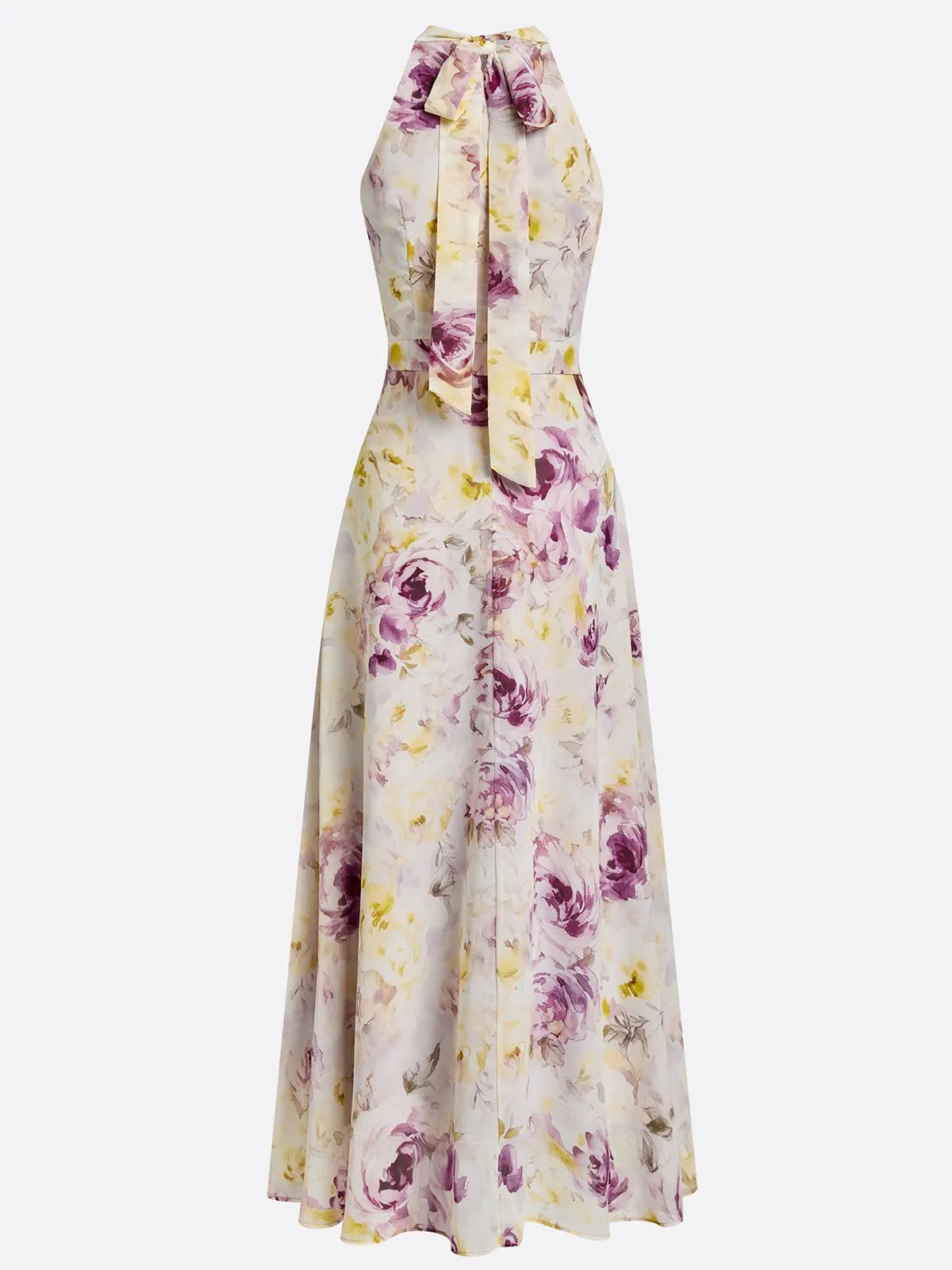 Light Purple Floral Chiffon Halter Sleeveless A-Line Maxi Dress
