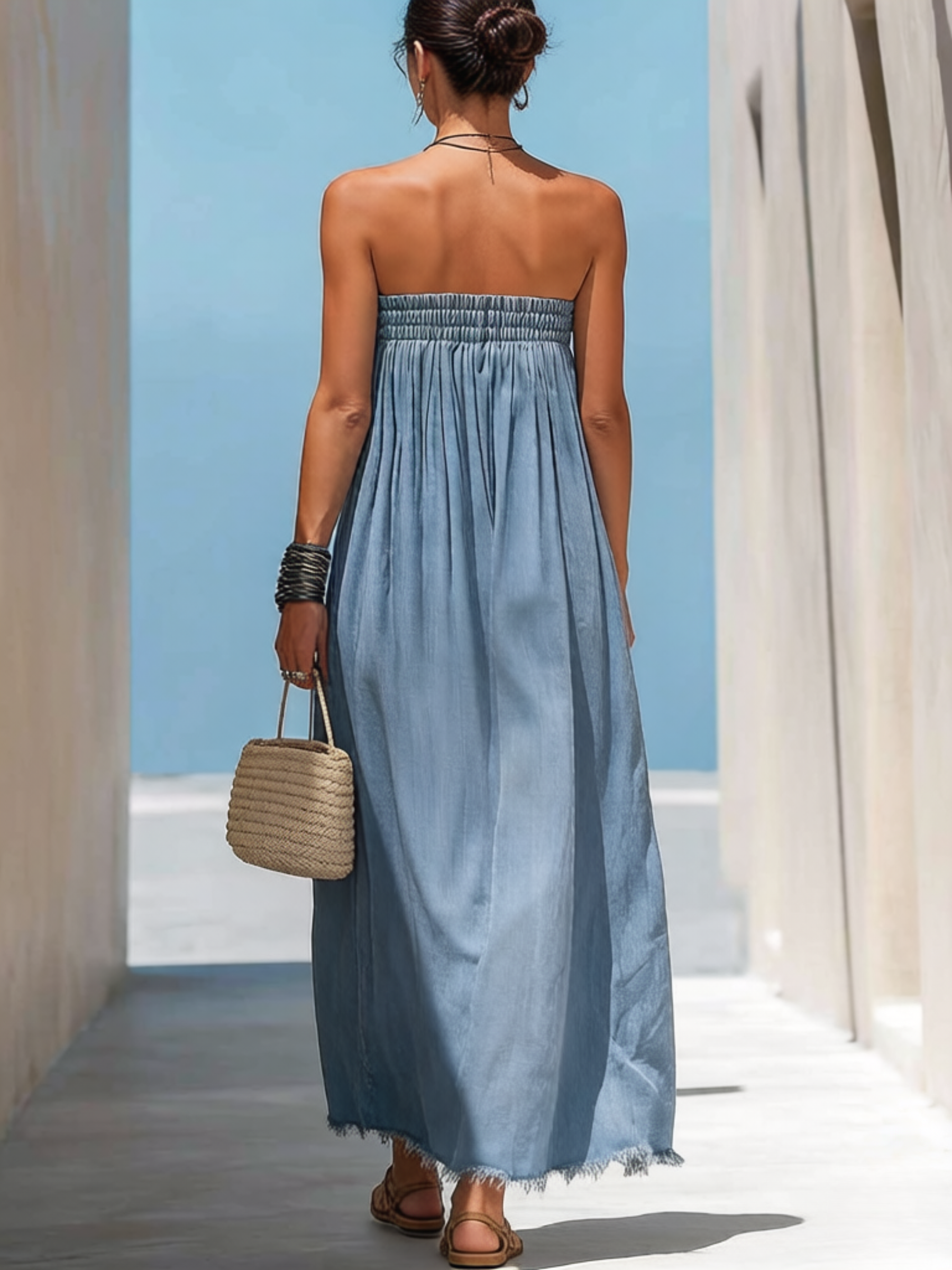 Light Blue Denim Strapless Maxi Dress – Frayed Hem
