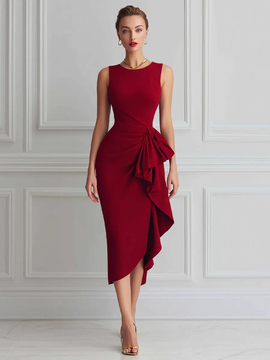 Asymmetric Draped Ruffle Waist Midi Dress