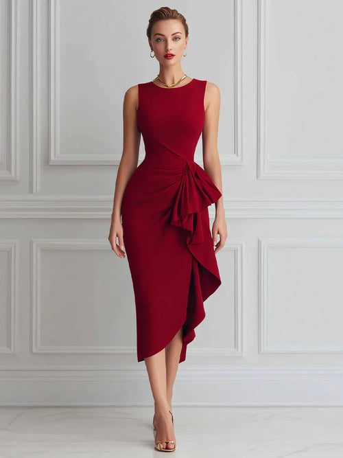 Asymmetric Draped Ruffle Waist Midi Dress