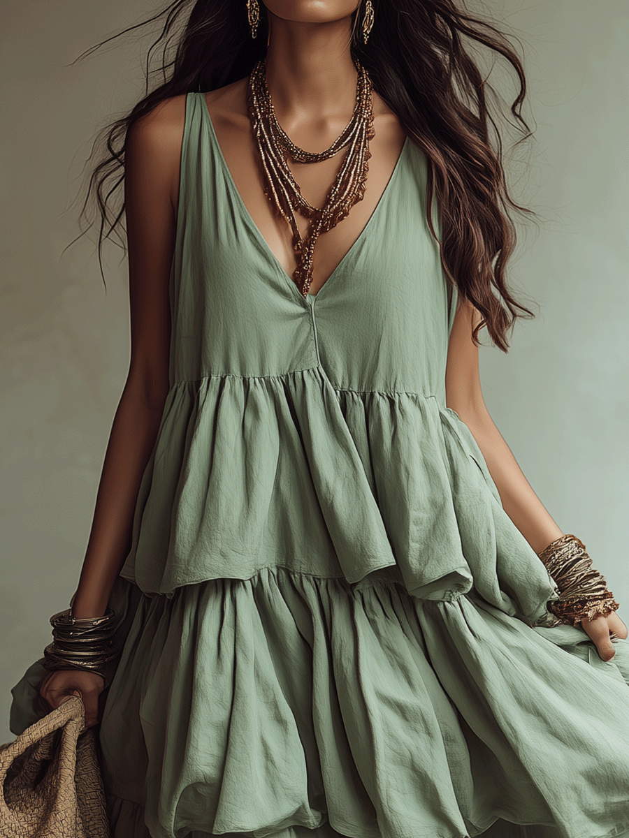 Effortless Boho Tiered Maxi Dress In Soft Sage Green