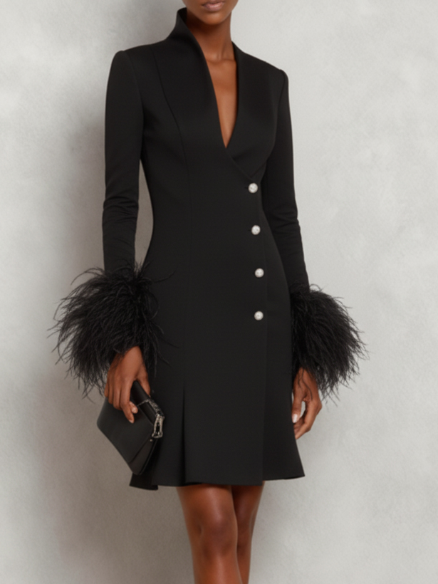 White Feather-trimmed Buckle Classic V Neck Stand Collar Long Sleeve A-Line Mini Dress