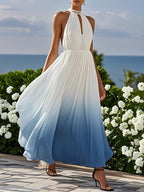 Pink Chiffon Halter Ombre Faux Pearl Cut Out Sleeveless A-Line Mock Neck Maxi Dress